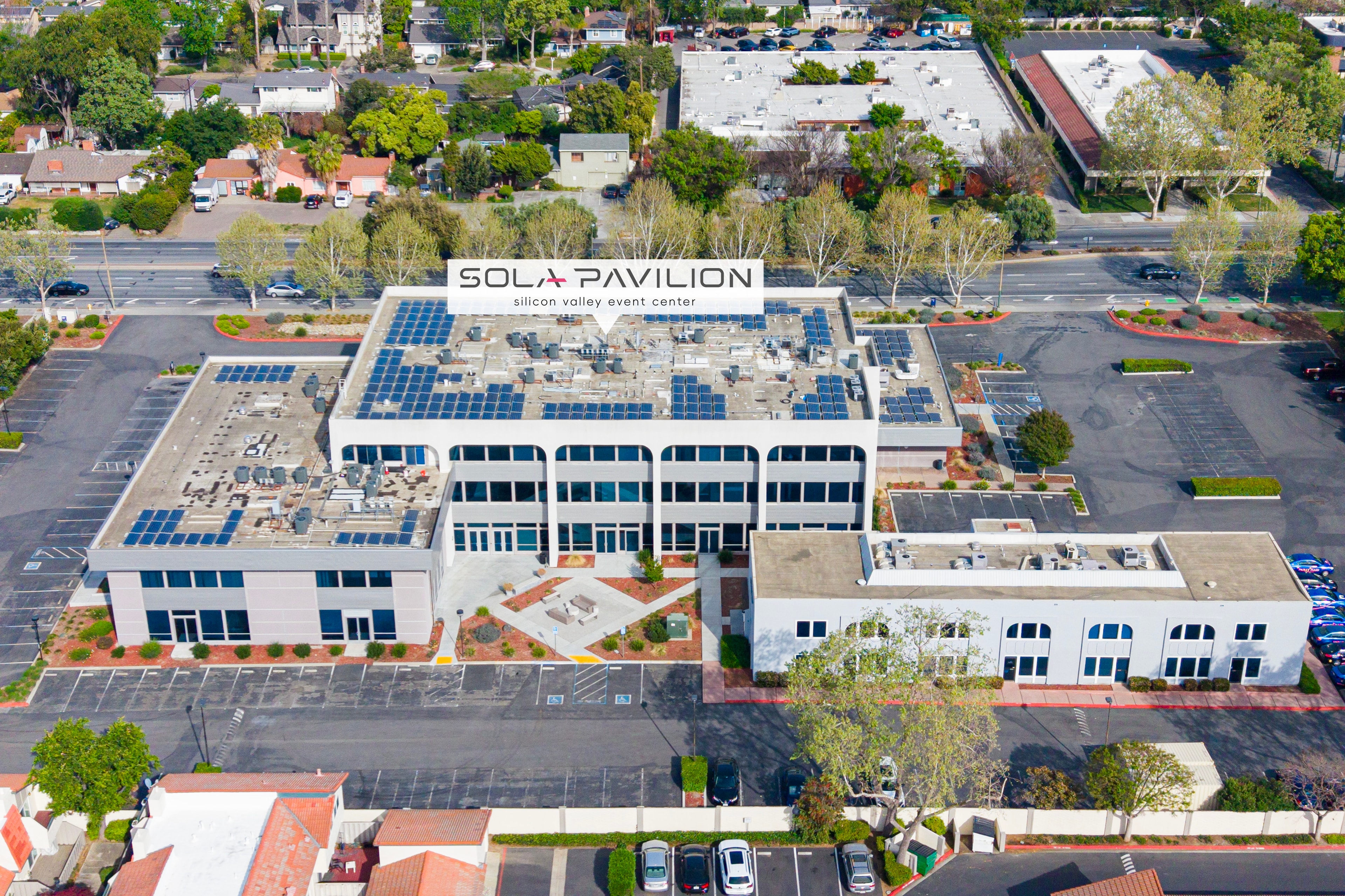 Aerial view of Sola Pavilion and surrounding Silicon Valley campus