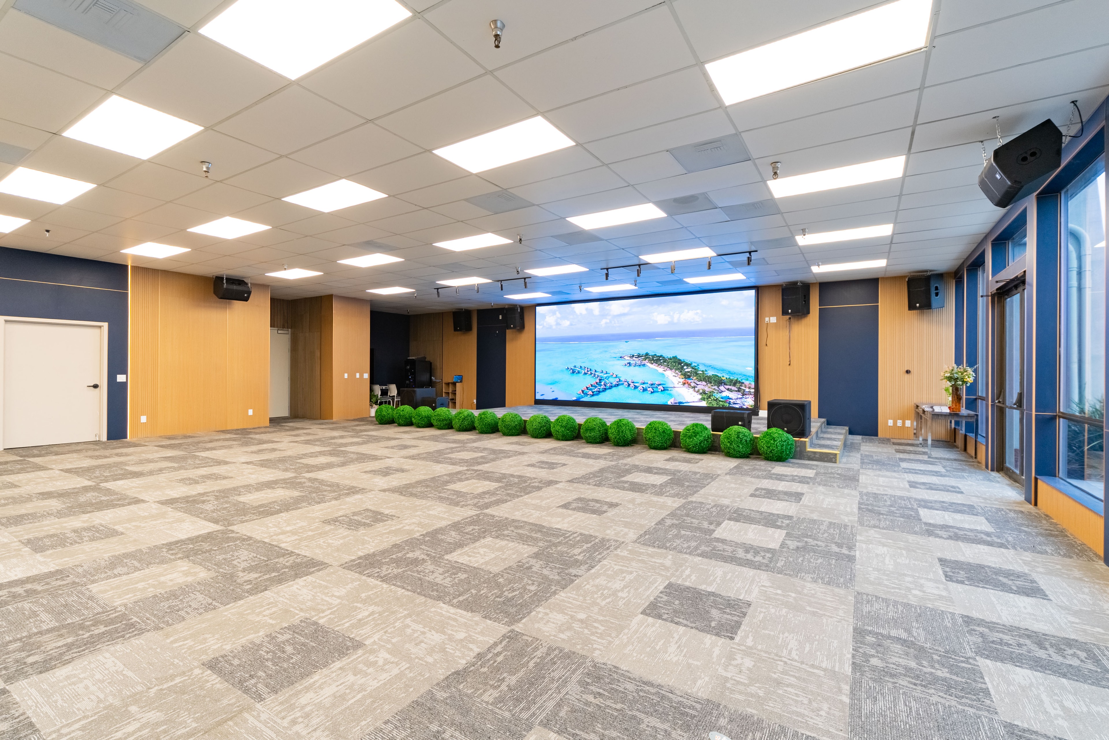 Sola Pavilion wide interior view with full LED screen
